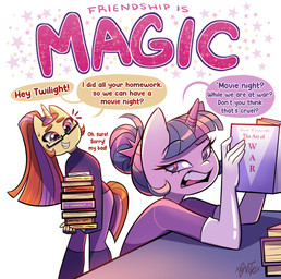anthro armlet book desk duo eyewear female furniture glasses hair hair_bun horn simple_background smile speech_bubble star table text xconitox friendship_is_magic hasbro my_little_pony mythology moondancer_(mlp) twilight_sparkle_(mlp) equid equine mammal mythological_creature mythological_equine unicorn english_text