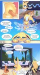 3_toes absurd_res butt butt_grab clothing comic dialogue duo eevee eeveelution english_text eti_(utopianvee) feet female feral generation_1_pokemon hand_on_butt hi_res jolteon keli_(utopianvee) male mammal nintendo open_mouth partially_submerged pokemon pokemon_(species) pokemon_speak pool_float speech_bubble surprised_expression swimming_pool swimwear text toes utopianvee