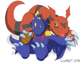 ambiguous_gender anthro bread claws duo feral food inverted_zero_unit male markings orange_eyes simple_background symbol tail white_background yellow_eyes zero_unit spidersnax bandai_namco digimon digimon_(species) guilmon monodramon scalie
