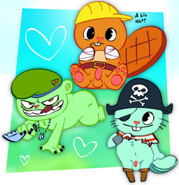 amputee anthro balls belly beret blue_body blue_fur bottomless clothed clothing disability erection eye_patch eyewear flaccid fur genitals green_body green_fur group hat headgear headwear knife male navel nude orange_body orange_fur pawpads pegleg penis pirate pirate_hat slightly_chubby trio salamikii happy_tree_friends flippy_(htf) fliqpy_(htf) handy_(htf) russell_(htf) bear beaver mammal mustelid otter rodent absurd_res hi_res