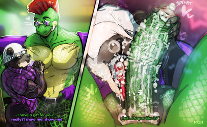 1980s_theme anthro backstage beanie belt big_penis bodily_fluids bottomwear brown_body bulge butt butt_grab churning_balls claws clothed clothing condom cum cum_in_mouth cum_in_nose cum_inside cum_on_face deep_throat depth_of_field detailed_background dialogue dominant duo filled_condom fingerless_gloves gagging genital_fluids genital_focus genitals glans gloves green_body green_penis green_scales hair hand_on_belt hand_on_butt hand_on_penis handwear hat headgear headwear heart_symbol long_penis male male/male mohawk musclegut muscular muscular_male onomatopoeia open_mouth oral oral_penetration pants partially_clothed penetration penis penis_focus pink_glans red_hair rockstar round_ears scales sexual_barrier_device sharp_teeth shirt sound_effects star_sunglasses swirls teeth text throbbing throbbing_penis tongue topwear vein veiny_muscles veiny_penis wide_hips wiggle muranoshisoka five_nights_at_freddy's five_nights_at_freddy's:_security_breach scottgames steel_wool_studios gurvan_greitwine montgomery_gator alligator alligatorid bear brown_bear crocodilian humanoid mammal reptile scalie ursine absurd_res hi_res shaded