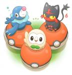 ambiguous_gender group looking_at_viewer pokeball sitting smile standard_pokeball starter_trio trio craftsman nintendo pokemon avian generation_7_pokemon litten pokemon_(species) popplio rowlet hi_res