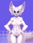 anthro areola bedroom_eyes blep blue_eyes blush bouncing breasts dancing ear_piercing female fur genitals happy medium_breasts narrowed_eyes nipples piercing pink_areola pink_nipples pussy seductive solo tail tail_motion tailwag tongue tongue_out white_body white_fur bloominglynx espiozx blizzard_entertainment warcraft flakey_the_vulpera canid canine fox mammal vulpera 2023 2d_animation animated motion_tweening short_playtime