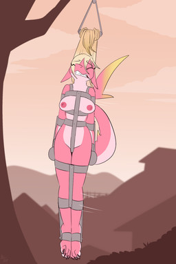 4_toes anthro barefoot bdsm biped blonde_hair bondage bound breasts chain chained claws clenched_teeth countershade_face countershade_feet countershade_torso countershading cuff_(restraint) eyebrows feet female fin fish_tail foot_focus front_view gibbet hair hanging_by_hair long_hair medium_breasts nude outside pain pink_body plant plantigrade prisoner restraints shackles solo submissive submissive_female suspension tail tail_fin tan_body tan_countershading teeth toe_claws toes torture torture_device tree fuf aquatic fish shark 2019 hi_res