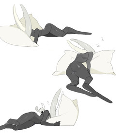 2_horns ambiguous_gender anthro barely_visible_genitalia barely_visible_vulva biped black_body butt crossgender duo female genitals hollow_eyes horn long_legs lying on_pillow pillow question_mark rear_view side_view simple_background size_difference sleeping slim_anthro slim_female solo_focus vulva white_background white_face milktea25424633 hollow_knight_(franchise) team_cherry pure_vessel_(hollow_knight) the_knight_(hollow_knight) arthropod insect vessel_(species) chinese_description digital_drawing_(artwork) digital_media_(artwork) multiple_images shaded nonbinary_(lore)