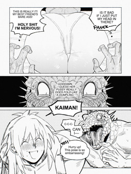 all_fours anthro butt clothed clothing dialogue duo embarrassed eyebrows female female_human fingers hair human_on_anthro interspecies long_hair male male/female open_mouth panties presenting presenting_hindquarters profanity sharp_teeth speech_bubble teeth text tongue underwear francis_xie dorohedoro kaiman_(dorohedoro) nikaido_(dorohedoro) human lizard mammal reptile scalie comic english_text greyscale hi_res monochrome