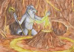 anthro bottomwear brown_bottomwear brown_clothing brown_loincloth clothing fire fur grey_body grey_fur holding_object holding_staff inside logo loincloth male open_mouth ritual solo staff standing white_body white_fur kola_(artist) canid canine mammal artist_logo traditional_media_(artwork)