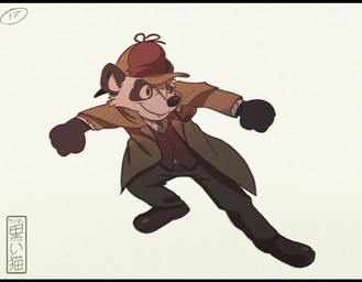 accessory anthro black_bars black_clothing black_footwear black_shoes bottomwear clothing coat deerstalker_hat fangs footwear green_necktie grey_bottomwear grey_clothing grey_pants hat headgear headwear male monotone_background necktie pants pipe pipe_in_mouth red_clothing red_topwear red_vest shoes simple_background solo tan_clothing tan_coat tan_topwear teeth topwear vest white_background koiyaroid parinton bear giant_panda mammal 2017 hi_res letterbox signature