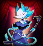 blue_clothing blue_dress choker clothing dress electronics eyes_closed floating_hands jewelry machine microphone musical_note musical_symbol necklace singing smile symbol white_body razur_(artist) deltarune undertale_(series) tasque_manager android felid mammal robot animated short_playtime