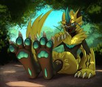 3_toes 4_fingers anthro blue_body blue_fur claws dirt feet finger_claws fingers foot_focus fur happy male open_mouth pawpads paws plant plantigrade scenery shrub sitting sky toe_claws toes yellow_body yellow_fur blockman3_(artist) nintendo pokemon generation_7_pokemon legendary_pokemon pokemon_(species) zeraora 2022 digital_media_(artwork) hi_res