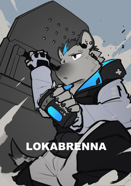 anthro black_nose bottomwear clothing crouching ear_piercing electronics eyebrow_piercing facial_piercing fingerless_gloves fur gloves grey_body grey_fur handwear headphones hood jacket looking_away low-angle_view male pants piercing riot_shield sky solo text topwear lokabrenna arknights hypergryph studio_montagne spot_(arknights) hyena mammal spotted_hyena 2025 absurd_res artist_name hi_res