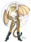 anthro black_body black_fur blonde_hair blue_eyes boots breasts clothing ear_piercing ear_ring female footwear fur hair high_heeled_boots high_heels inner_ear_fluff membrane_(anatomy) membranous_wings nipples panties piercing ring_piercing shoes solo tail tuft underwear white_body white_fur wings yellow_body yellow_fur terrie_smith felid leopard mammal pantherine 2009