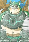 anthro armor belly blush canid canine canis damaged_armor domestic_dog eyebrows eyewear fur goggles green_body green_fur hi_res lifewonders live_a_hero male mammal mokdai navel overweight puss3250 solo superhero thick_eyebrows