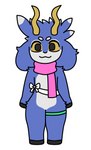 :3 arm_tuft black_hooves blue_body blue_fur circle_eyebrows clothing ear_tuft eyebrows floppy_ears fur hair head_tuft hip_tuft hooves horn legwear male mostly_nude multicolored_hair pink_scarf pupils ribbons rubber_band scarf shoulder_tuft simple_background solo standing thick_thighs tuft two_tone_hair white_background white_body white_fur white_ribbon wide_hips yellow_eyes yellow_horn flofi wolt bovid bovine caprine goat mammal zap_goat absurd_res hi_res