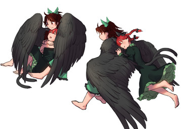 2_tails 4_ears accessory barefoot black_wings bottomwear bow_ribbon braided_hair brown_hair clothing dress duo eyes_closed feathered_wings feathers feet female green_bottomwear green_clothing green_dress green_skirt hair hair_accessory hair_bow hair_ribbon hug hugging_another hugging_from_behind multi_ear multi_tail pigtails red_hair ribbons simple_background sitting skirt smile tail twin_braids twintails_(hairstyle) white_background wings mochi10bi asian_mythology east_asian_mythology japanese_mythology mythology touhou rin_kaenbyou utsuho_reiuji animal_humanoid avian avian_humanoid cat_humanoid felid felid_humanoid feline feline_humanoid humanoid mammal mammal_humanoid nekomata winged_humanoid yokai 2023 multiple_scenes