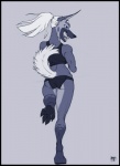 anthro blue_eyes butt curled_tail dancing female hair hindpaw muscular muscular_anthro muscular_female pawpads paws silver_hair smile solo tail teeth krinkels cyera canid canine canis fox hybrid mammal wolf monochrome