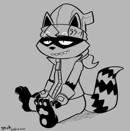 3_toes accessory anthro barefoot beanie black_inner_ear black_nose chibi clothing feet fingerless_gloves gloves gloves_(marking) grey_background hair hair_accessory hairband half-closed_eyes hands_on_legs handwear hat headgear headwear jacket jacket_vest male markings narrowed_eyes pawpads plantigrade ponytail sharp_teeth simple_background sitting smile soles solo teeth text text_on_clothing text_on_hat text_on_headwear toes topwear vest zipper felino trick_(tricktrashing) mammal procyonid raccoon 2022 greyscale japanese_text monochrome