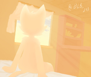 afternoon ambiguous_gender backlighting bed bedroom cloud curtains furniture inside light rear_view scenery sky solo sunlight sunset window window_light blb_233 domestic_cat felid feline felis mammal hi_res lighting warm_colors