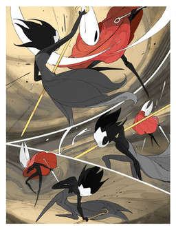 ambiguous_gender ambiguous_humanoid anthro biped black_body black_eyes black_hair cape cloak clothing detailed_background duo empty_eyes female female_anthro fight grey_body hair holding_melee_weapon holding_object holding_sword holding_weapon hornet's_needle mask melee_weapon mouthless red_cloak red_clothing slashing sword weapon wearing_mask white_body wounded darkdog hollow_knight:_silksong hollow_knight_(franchise) team_cherry hornet_(hollow_knight) phantom_(hollow_knight:_silksong) arthropod humanoid 2025 absurd_res comic digital_drawing_(artwork) digital_media_(artwork) hi_res