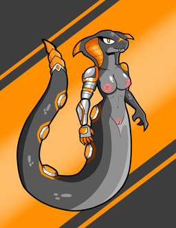 anthro apode black_body breasts cybernetic_arm cybernetic_limb cyberpunk female genitals legless navel nipples non-mammal_breasts non-mammal_navel non-mammal_nipples nude nude_anthro nude_female orange_body serpentine solo vulva phunter15 ashley_(phunter) draconcopode naga reptile scalie snake hi_res