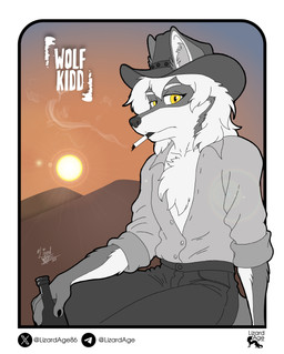 anthro biped bottle bottomwear brown_bottomwear brown_clothing brown_pants cheek_tuft chest_tuft cigarette cigarette_smoke clothed clothing container countershade_face countershade_fur countershade_torso countershading cowboy cowboy_hat facial_tuft fur furgonomic_headwear furgonomics grey_body grey_fur hair hat headgear headwear holding_bottle holding_container holding_object inner_ear_fluff looking_at_viewer male medium_hair open_clothing open_shirt open_topwear outside pants shirt sitting smoke smoking smoking_cigarette solo sunset text topwear tuft white_body white_countershading white_fur white_hair yellow_eyes lizardage wolf_(wolfkidd) canid canine canis mammal wolf 2026 absurd_res english_text hi_res
