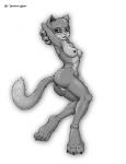 anthro anus big_feet big_hands biped breasts butt claws feet female fur genitals looking_at_viewer nipples nude pussy simple_background solo standing tail toe_claws demon-man legends_of_belial domestic_cat felid feline felis mammal greyscale monochrome