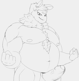 anthro belly big_penis chest_tuft erection fluffy genitals male musclegut muscular nude penis smile smirk solo tuft unknown_artist izen_puppyfox denton_moph arthropod insect lepidopteran moth low_res monochrome