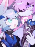 :d anthro blue_collar blue_eyes blue_hair chain collar duo female fur hair heart_symbol kemono looking_at_another open_mouth open_smile pink_hair purple_eyes scales smile white_body white_fur zhang_gun ah_xin_(zhang_gun) xiaohen_(zhang_gun) lagomorph leporid mammal rabbit reptile scalie snake 2023 3:4 bust_portrait hi_res portrait