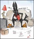 anthro biped black_border border clothed clothing electronics footwear jewelry lamp male necklace shoes sitting slippers solo tail tail_motion tailwag television text spintherella disney zootopia max_midnight lagomorph leporid mammal rabbit 2017 absurd_res english_text hi_res