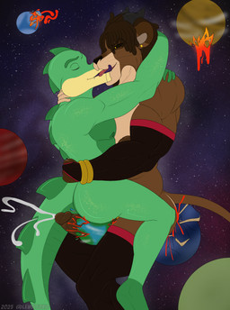 anthro armwear black_sclera bodily_fluids clothed clothing cum cumshot destruction dripping duo ear_piercing ear_ring ejaculation elbow_gloves erection eyes_closed french_kissing genital_fluids genitals glans gloves green_body grinding grinding_on_penis hair handwear holding_another horn humanoid_genitalia kissing legwear looking_at_another macro macro_male macro_on_macro male male/male muscular muscular_anthro muscular_male nipples nude open_mouth orgasm penis piercing planet planet_destruction planet_dwarfing planet_penetrated ring_piercing saliva saliva_drip scales sex simple_background sitting smile space spikes stockings tail thigh_highs tongue tongue_out whiskers klr-rio radi_(klr-rio) crocodile crocodilian felid lion mammal pantherine reptile scalie 2025 absurd_res digital_media_(artwork) hi_res