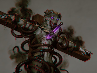anthro biped blood bodily_fluids clothing cross crucifixion gore male nude restraints smile solo sweater tentacles topwear wenx sanwenxiao borzoi canid canine canis domestic_dog hunting_dog mammal sighthound 3d_(artwork) 4:3 digital_media_(artwork) half-length_portrait hi_res mixed_media portrait