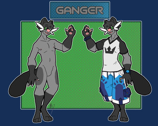 3_toes 4_fingers alternate_color anthro black_hair black_tail bottomwear bracelet claws clothed clothing comparison dotted_background eyewear featureless_crotch feet fingers fur gesture glasses gloves_(marking) green_eyes grey_body grey_fur hair jewelry leg_markings looking_at_viewer male markings nipples nude open_mouth open_smile outline pattern_background pink_nose pokemorph shirt shorts simple_background smile socks_(marking) solo standing t-shirt tail text toes topwear v-neck waving whiskers white_claws kokoro-doll nintendo pokemon fan_character ganger dewott generation_5_pokemon pokemon_(species) 2017 alpha_channel character_name digital_drawing_(artwork) digital_media_(artwork) flat_colors hi_res model_sheet signature