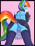 2020 anthro black_border blush border butt clothed clothing digital_media_(artwork) equid equine eyebrows eyelashes female friendship_is_magic genitals hasbro hi_res legwear looking_at_viewer looking_back mammal multicolored_tail my_little_pony mythological_creature mythological_equine mythology pegasus pussy rainbow_dash_(mlp) rainbow_tail rear_view simple_background smile solo tail text twistedscarlett60 url wings