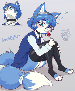 accessory anthro beads blue_body blue_fur blue_hair candy choker clothing dessert dipstick_tail eyebrows eyelashes feet female food fur furgonomics green_eyes hair hair_accessory hair_beads hairband heart_symbol inner_ear_fluff jewelry legwear licking_lollipop lollipop markings necklace sitting solo tail tail_accessory tail_markings tailband thigh_highs toeless_legwear tongue tongue_out tuft white_body white_fur jasminthemanticore frieren_looking_up nintendo star_fox krystal_(star_fox) canid canine fox mammal 2025 hi_res