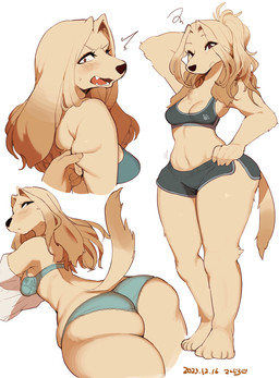 anthro athletic_wear barefoot blonde_hair blue_bra blue_clothing blue_panties blue_topwear blue_underwear blush bottomwear bra breasts brown_eyes butt cleavage clothed clothing disembodied_hand dolphin_shorts emanata eyelashes feet female footprint grey_bottomwear grey_clothing grey_topwear gym_bottomwear gym_shorts hair hand_behind_head hand_on_hip kemono leg_tuft looking_back multiple_poses navel open_mouth panties pawprint pinch pose sharp_teeth shorts simple_background slim solo sports_bra tail teeth topwear tuft underwear undressing white_background white_clothing white_topwear sanjiro saki_(kaeritai07) bird_dog canid canine canis domestic_dog hunting_dog labrador mammal retriever 2023 dated hi_res