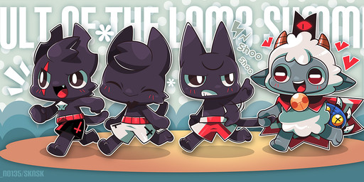 3_toes ambiguous_gender angry anthro barefoot bell bell_collar black_body black_fur blush bone clenched_teeth clothing collar excited eyes_closed fangs feet fist fur group half-closed_eyes happy horn looking_at_another male narrowed_eyes notched_ear open_mouth running sand scar shooing skull summer swimming_trunks swimwear tail teasing teeth toes white_body white_fur white_wool wool_(fur) saku_no135 cult_of_the_lamb massive_monster_(studio) aym_(cult_of_the_lamb) baal_(cult_of_the_lamb) lamb_(cult_of_the_lamb) narinder red_crown_(cult_of_the_lamb) domestic_cat felid feline felis mammal 2023 brother_(lore) brothers_(lore) sibling_(lore)