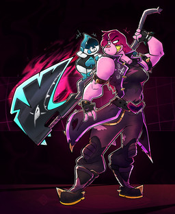 anthro axe big_breasts breasts clothing duo female hair male muscular muscular_anthro muscular_female non-mammal_breasts purple_body purple_clothing purple_hair teeth yellow_teeth arfventurer deltarune mythology undertale_(series) lancer_(deltarune) susie_(deltarune) darkner dragon mythological_creature mythological_scalie scalie 2025 hi_res