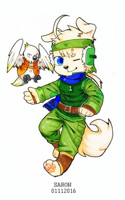 accessory ambiguous_gender anthro barefoot belt biped black_nose blue_eyes blue_scarf bottomwear brown_belt chibi closed_smile clothed clothing duo feathered_wings feathers feet feral floppy_ears front_view fur glistening glistening_eyes green_bottomwear green_clothing green_headband green_jacket green_pants green_topwear headband jacket male mouth_closed one_eye_closed pants scarf simple_background smile tail tan_body tan_fur tan_tail topwear white_background white_body white_feathers wings asnnonaka seecray_(asnnonaka) avian canid canine canis domestic_dog mammal 2016 dated