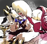 bone_in_mouth brooch claws container cup feral floppy_ears fur goblet gold_(metal) ribbons solo white_body white_fur odenzzi bandai_namco digimon digimon_(species) labramon