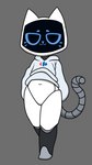 anthro anthrofied bottomless clothed clothing featureless_crotch hoodie logo looking_at_viewer machine null screen screen_face simple_background smile solo tail topwear white_body gooblie_2 carrefour pudu_robotics kerfus android bellabot domestic_cat felid feline felis mammal robot 2023 9:16 hi_res portrait