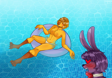 alternate_species anthro blush bow_(feature) bow_tie breasts clothing duo female furrification heart_in_mouth heart_symbol inflatable inner_tube love male male/female open_mouth panties pool_float relaxing side-tie_clothing swimming_pool swimwear tied_clothing underwear water moofooroo five_nights_at_freddy's scottgames bonnie_(fnaf) chica_(fnaf) classic_chica_(fnaf) avian bird chicken galliform lagomorph leporid mammal phasianid rabbit absurd_res hi_res