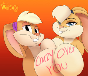 anthro big_breasts blue_eyes body_writing breast_squish breasts breasts_frottage buckteeth duo female female/female huge_breasts looking_at_viewer nude simple_background smile squish teeth text wolfbaloo looney_tunes space_jam warner_brothers lola_bunny lagomorph mammal digital_media_(artwork) hi_res