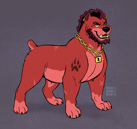 chain_necklace cropped_ears curly_hair docked_tail ear_piercing ear_ring eyebrow_slit eyebrows facial_hair feral footprint fur furrowed_eyebrows gold_(metal) gold_jewelry hair head_tuft jewelry male necklace pawprint pawprint_tattoo piercing quadruped red_body red_fur ring_piercing scar scars_all_over sharp_teeth short_tail simple_background smile smirk smug snaggle_teeth solo stocky tail tattoo teeth text tuft tusks underbite conditional_dnp dickarmdaryl dog_daryl_(dickarmdaryl) canid canine canis domestic_dog mammal pitador 2025 artist_name digital_drawing_(artwork) digital_media_(artwork)