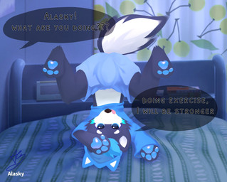 anthro ass_up bed biped black_eyes blep blue_body blue_bottomwear blue_clothing blue_eyes blue_fur blue_hair blue_hoodie blue_shorts blue_topwear blush blush_lines bottomwear bulge clothing fur furniture hair hoodie kemono male on_bed shorts shota slim_anthro slim_male solo speech_bubble tail tail_motion tailwag text tongue tongue_out topwear white_body white_fur young young_anthro young_male fur_alasky canid canine canis domestic_dog husky mammal nordic_sled_dog spitz 2021 english_text hi_res