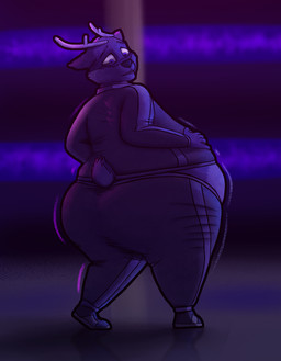 anthro antlers belly belly_expansion belly_inflation big_belly blue_body blue_fur blueberry_inflation body_inflation butt butt_expansion clothed clothing expansion exposed_belly fur hand_on_belly horn inflation inside looking_at_self looking_back looking_back_at_self male motion_lines solo standing swelling tracksuit worried phatracc deer mammal 2021