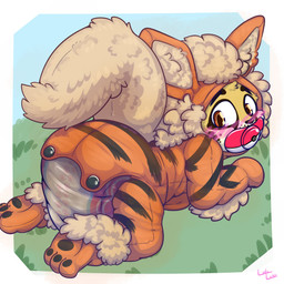 all_fours ambiguous_gender anthro blush blush_lines border brown_markings brown_nose button_(fastener) clothed clothing diaper facial_markings feces fur grass head_markings looking_back markings multicolored_body multicolored_fur object_in_mouth onesie open_onesie pacifier pacifier_in_mouth plant pokemon_onesie simple_background soiled_diaper soiling solo spotted_face tan_body tan_fur text unclean_diaper used_diaper wearing_diaper whisker_spots white_border yellow_body yellow_fur ludis-luteo nintendo pokemon spottykitten arcanine cheetah felid feline generation_1_pokemon mammal pokemon_(species) 1:1 2019 absurd_res artist_name hi_res signature