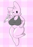 4_fingers :3 anthro big_breasts blush bottomless breasts cleavage clothed clothing curvy_figure eyelashes female fingers hand_on_hip heart_symbol holding_object looking_at_viewer nipple_outline on_one_leg one_eye_closed panties partially_clothed pink_background pink_body shirt simple_background slightly_chubby smile solo standing thick_thighs topwear underwear voluptuous wide_hips wink tonytoran gelbun goo_creature lagomorph leporid mammal rabbit absurd_res hi_res