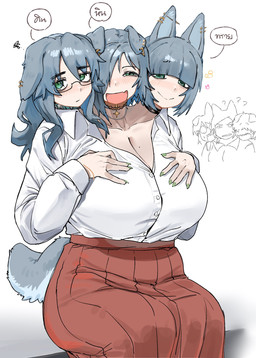 big_breasts blush bottomwear breasts choker clothing duo eyewear female glasses hair hand_on_breast jewelry looking_at_viewer markings mole_(marking) necklace simple_background sitting skirt smile surprised tail text white_background maikamiaka haewn_(maikamiaka) phech_(maikamiaka) ploy_(maikamiaka) animal_humanoid canid canid_humanoid canine canine_humanoid dog_humanoid humanoid mammal mammal_humanoid 2026 digital_media_(artwork) hi_res thai_text