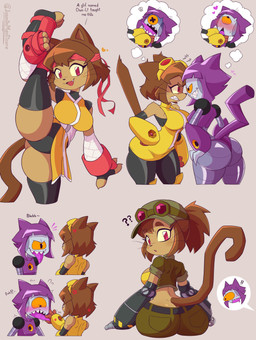 anthro big_breasts big_butt black_clothing blush bodily_fluids breasts brown_ears brown_hair brown_tail butt clothed clothed_anthro clothed_female clothing duo female female_anthro front_view hair machine open_mouth raised_leg rear_view red_eyes sweat sweatdrop tail tongue tongue_out whiskers white_clothing yellow_clothing yellow_sclera jasminthemanticore gameoverse glitch_productions metal_slug snk kit_bodega malice_(gameoverse) domestic_cat felid feline felis mammal robot absurd_res hi_res