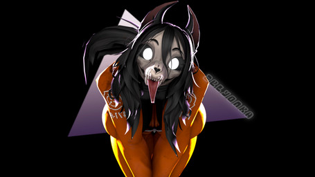 anthro bent_over big_breasts black_background black_body black_fur black_hair bone breasts cleavage clothed clothing eyebrows fangs female fur hair hair_between_eyes long_hair long_tongue looking_at_viewer orange_clothing prison_uniform sharp_teeth simple_background skull skull_head smile smiling_at_viewer solo tail teeth tongue tongue_out triangle_(shape) white_eyes zelyonka bom39_(modeler) scp_foundation mal0_(bom39) scp-1471-a canid canine malo mammal skulldog_(species) 16:9 2025 3d_(artwork) 4k absurd_res digital_media_(artwork) hi_res source_filmmaker_(artwork) watermark widescreen